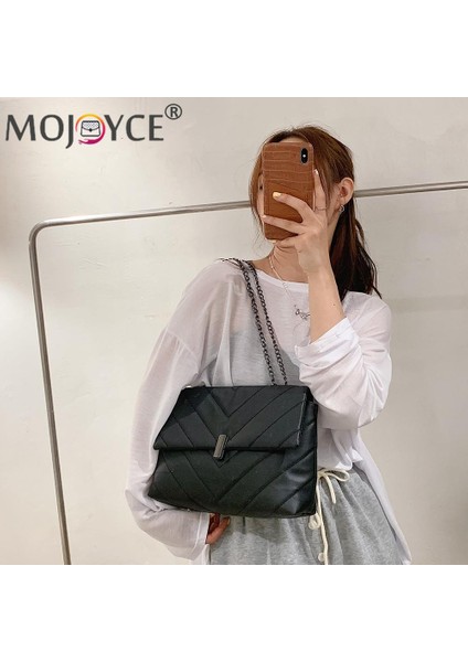 Stil 1 Siyah Moda Kadın Pu Messenger Çanta Casual Bayanlar Zincir Düz Renk Flap Çanta Moda Cep Telefonu Crossbody Messenger Çanta (Yurt Dışından) modelleri