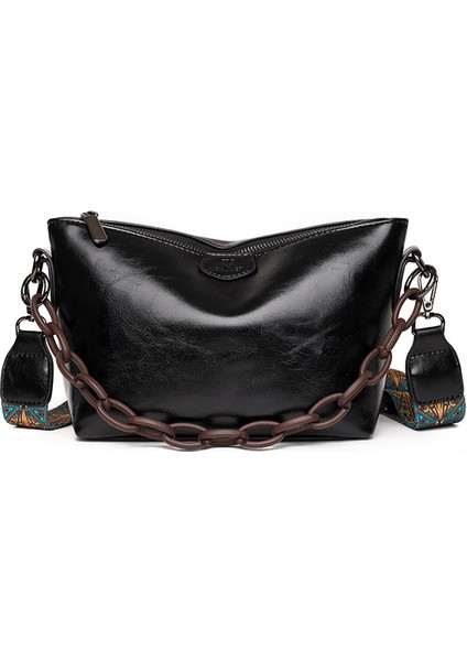 Siyah Kadın Çantası Trend Omuz Çantası Moda Dokulu Basit Tüm Maç Çantalar %100 Dana Derisi Crossbody Çanta Retro Katı Yağ Balmumu Derisi (Yurt Dışından)
