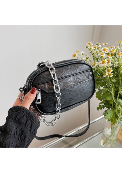 Siyah Rahat Deri Crossbody Çanta Küçük Kare Çanta Kadın Pu Omuz Çantaları Kız Için Kalın Zincir Tasarım Bayanlar Çanta Crossbody Çanta (Yurt Dışından) modelleri