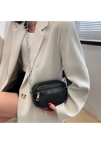 Siyah Rahat Deri Crossbody Çanta Küçük Kare Çanta Kadın Pu Omuz Çantaları Kız Için Kalın Zincir Tasarım Bayanlar Çanta Crossbody Çanta (Yurt Dışından) fırsatları