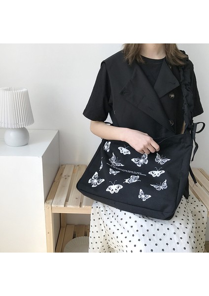 Siyah Kelebek Baskı Kadın Kanvas Omuz Çantası Pamuklu Kumaş Crossbody Çanta Bayan Büyük Kapasiteli Messenger Çanta Ipli Kayış Tasarım (Yurt Dışından)