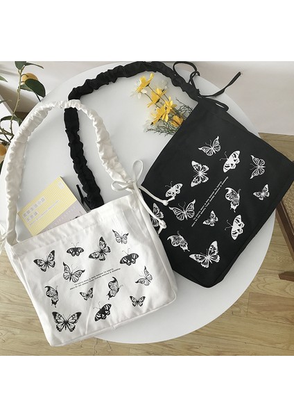 Siyah Kelebek Baskı Kadın Kanvas Omuz Çantası Pamuklu Kumaş Crossbody Çanta Bayan Büyük Kapasiteli Messenger Çanta Ipli Kayış Tasarım (Yurt Dışından) modelleri