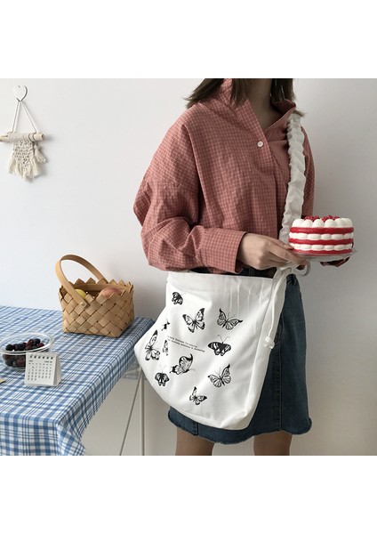 Siyah Kelebek Baskı Kadın Kanvas Omuz Çantası Pamuklu Kumaş Crossbody Çanta Bayan Büyük Kapasiteli Messenger Çanta Ipli Kayış Tasarım (Yurt Dışından) fırsatları