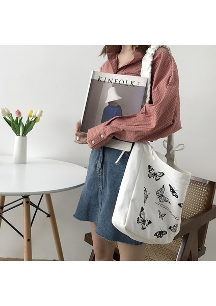 Siyah Kelebek Baskı Kadın Kanvas Omuz Çantası Pamuklu Kumaş Crossbody Çanta Bayan Büyük Kapasiteli Messenger Çanta Ipli Kayış Tasarım (Yurt Dışından) indirimleri