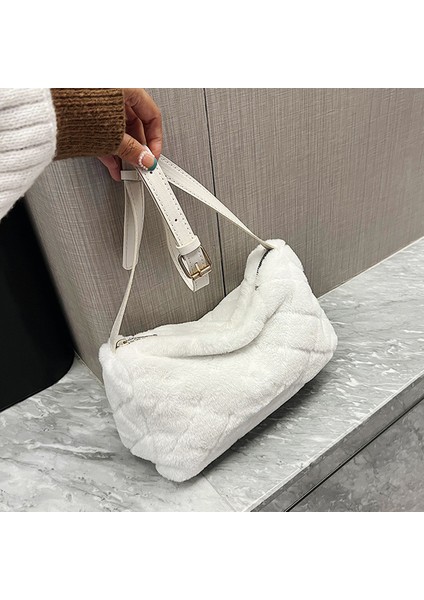Beyaz Premium Gri Peluş Çanta Kabarık Taklit Kürk Tasarımcı Çanta Kadınlar Için Eşkenar Dörtgen Desen Deri Omuz Çantaları Kadın Kare Tote Çanta (Yurt Dışından)