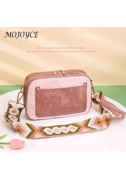 Siyah Basit Crossbody Çanta Pu Ekleme Polar Kuzu Aşağı Vintage Püsküllü Crossbody Çanta Boş Seyahat Için Geniş Kayış Küçük Kare (Yurt Dışından) fırsatları