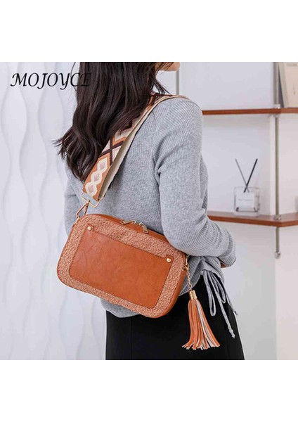 Siyah Basit Crossbody Çanta Pu Ekleme Polar Kuzu Aşağı Vintage Püsküllü Crossbody Çanta Boş Seyahat Için Geniş Kayış Küçük Kare (Yurt Dışından) indirimleri