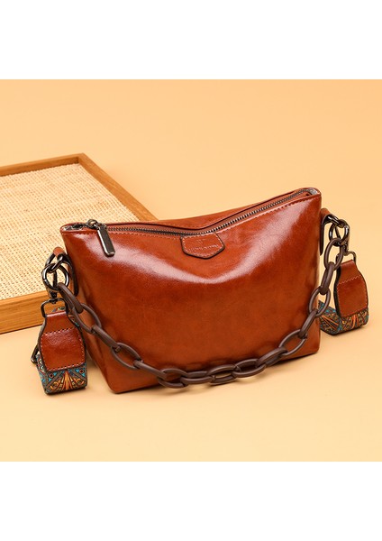 Kahverengi Kadın Çantası Trend Omuz Çantası Moda Doku Basit Tüm Maç Çantalar %100 Dana Derisi Crossbody Çanta Retro Katı Yağ Balmumu Cilt (Yurt Dışından)