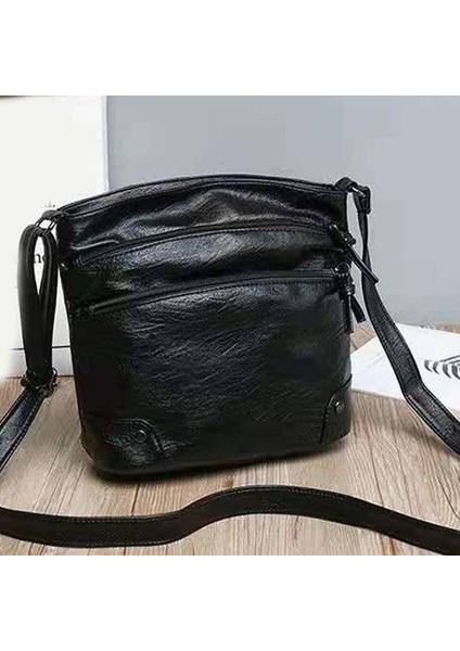 Siyah Omuz Çantası Moda Kadın Pu Deri Omuz Çantası Düz Renk Crossbody Messenger Çanta Kadın Casual Bayanlar Için Anne Küçük Fermuar Çanta (Yurt Dışından)
