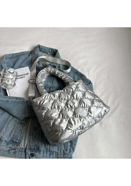 Gümüş Kadın Crossbody Çanta Düz Renk Naylon Pamuk-Yastıklı Alışveriş Çantası Rahat Fermuarlı Omuz Çantası Moda Kapitone Bayanlar Büyük Tote (Yurt Dışından)