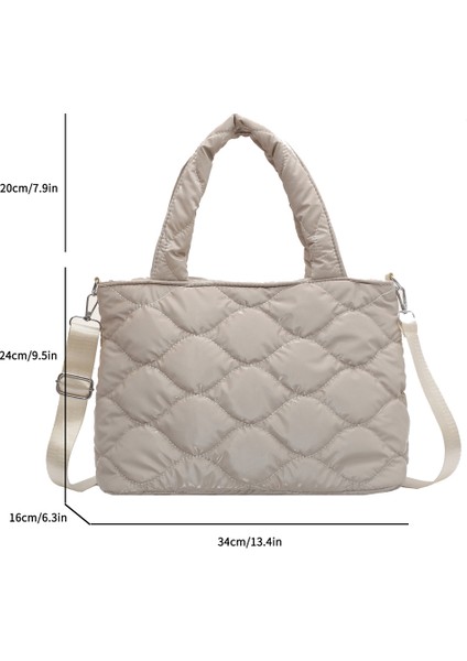 Gümüş Kadın Crossbody Çanta Düz Renk Naylon Pamuk-Yastıklı Alışveriş Çantası Rahat Fermuarlı Omuz Çantası Moda Kapitone Bayanlar Büyük Tote (Yurt Dışından)