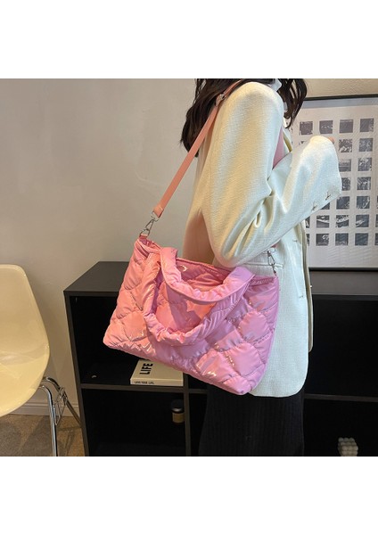 Gümüş Kadın Crossbody Çanta Düz Renk Naylon Pamuk-Yastıklı Alışveriş Çantası Rahat Fermuarlı Omuz Çantası Moda Kapitone Bayanlar Büyük Tote (Yurt Dışından)