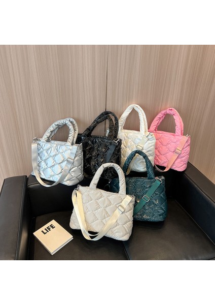 Gümüş Kadın Crossbody Çanta Düz Renk Naylon Pamuk-Yastıklı Alışveriş Çantası Rahat Fermuarlı Omuz Çantası Moda Kapitone Bayanlar Büyük Tote (Yurt Dışından)