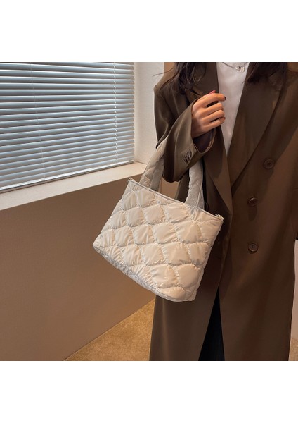 Gümüş Kadın Crossbody Çanta Düz Renk Naylon Pamuk-Yastıklı Alışveriş Çantası Rahat Fermuarlı Omuz Çantası Moda Kapitone Bayanlar Büyük Tote (Yurt Dışından)