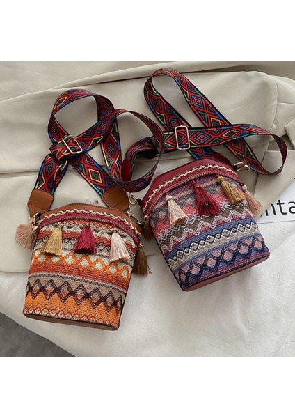 Kahverengi Bohemian Örgü Kova Püskül Saçaklı Tote Çanta Crossbody Omuz Çantası Geniş Kayış Lüks Tasarımcı Çanta ile Crossbody Çanta (Yurt Dışından) modelleri
