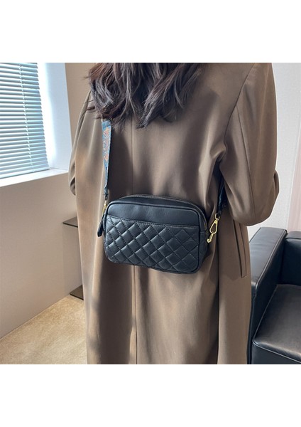 Siyah Retro Messenger Çanta Kapitone Pu Deri Crossbody Tek Kollu Çanta Baskılar Geniş Kayış Crossbody Çanta Eşkenar Dörtgen Desen Çanta Seyahat Çalışması Için (Yurt Dışından) indirimleri