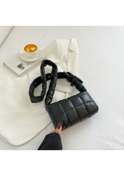 Siyah Kapitone Crossbody Çanta Kadınlar Için Moda Onay Çanta Sonbahar Kış Rahat Naylon Yastıklı Çanta Düz Renk Kadın Omuz Çantaları (Yurt Dışından)