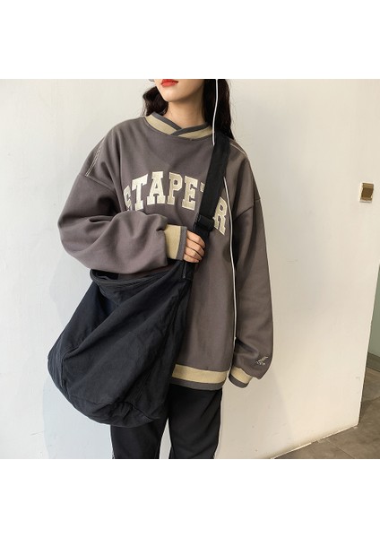 Siyah Japon Harajuku Kadın Omuz Çantası Düz Renk Retro Crossbody Messenger Çanta Yumuşak Cepler Alışveriş Için Büyük Kapasiteli (Yurt Dışından) fırsatları