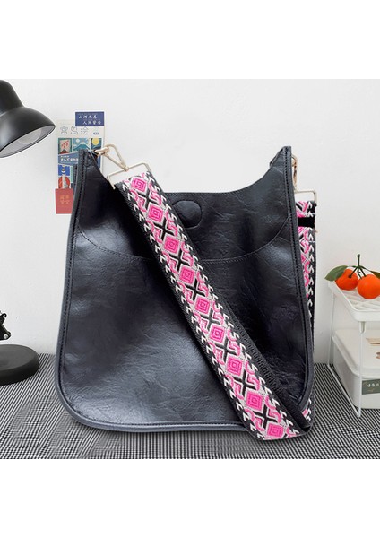 Siyah Kadın Sling Crossbody Çanta Dokuma Geniş Kayış Vintage Omuz Çantası Moda Bayanlar Kızlar Için Katı Retro Deri Ayarlanabilir Kemer (Yurt Dışından)