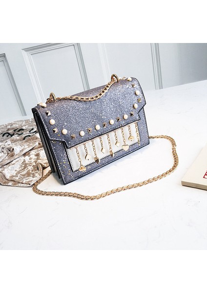Gümüş Marka Küçük Çanta Kadınlar Için Inci ve Payetler ile Omuz Çantası Rahat Zincir Crossbody Çanta Deri Messenger Çanta Moda (Yurt Dışından)