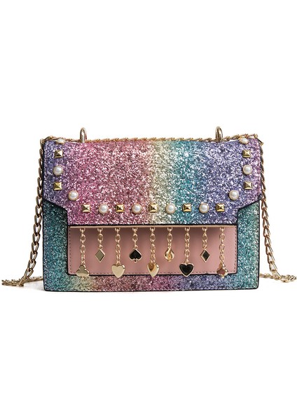 Gümüş Marka Küçük Çanta Kadınlar Için Inci ve Payetler ile Omuz Çantası Rahat Zincir Crossbody Çanta Deri Messenger Çanta Moda (Yurt Dışından)