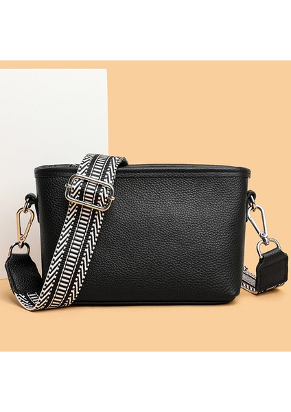 Siyah Moda Crossbody Çanta Geniş Kumaş Kayış Klasik Birinci Katman Dana Cüzdanlar Yumuşak Düz Renk Hafta Sonu Tatili Için Basit Taşınabilir (Yurt Dışından)