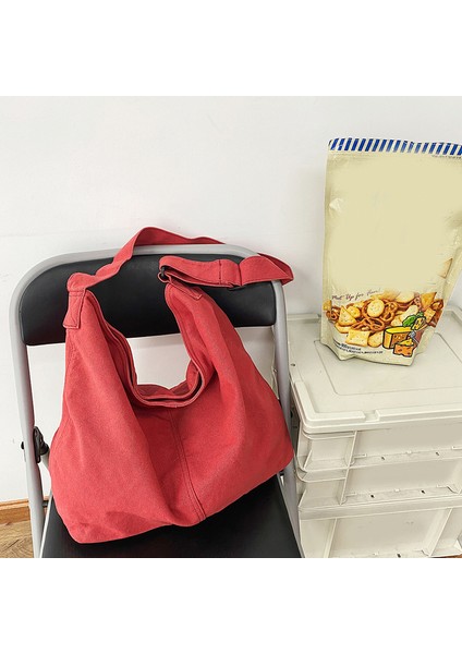 Kırmızı Kadın Çantaları Rahat Büyük Kapasiteli Omuz Çantaları Tuval Alışveriş Tote Moda Harajuku Çanta Rahat Bayanlar Crossbody Çanta (Yurt Dışından)