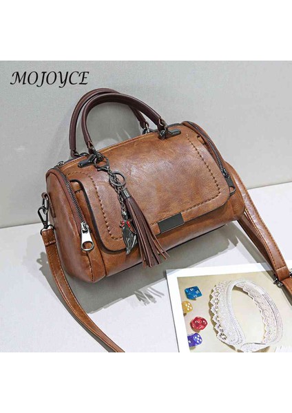 Açık Kahverengi Retro Omuz Crossbody Çanta Boston Pu Deri En Saplı Çanta Ayarlanabilir Askı Püskül Dekorasyon Bayanlar Kızlar Için Vintage Katı (Yurt Dışından) fırsatları
