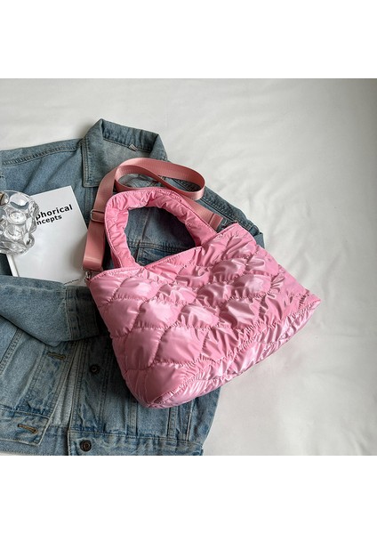 Pembe Kadın Crossbody Çanta Düz Renk Naylon Pamuk-Yastıklı Alışveriş Çantası Rahat Fermuar Omuz Çantası Moda Kapitone Bayanlar Büyük Tote (Yurt Dışından)