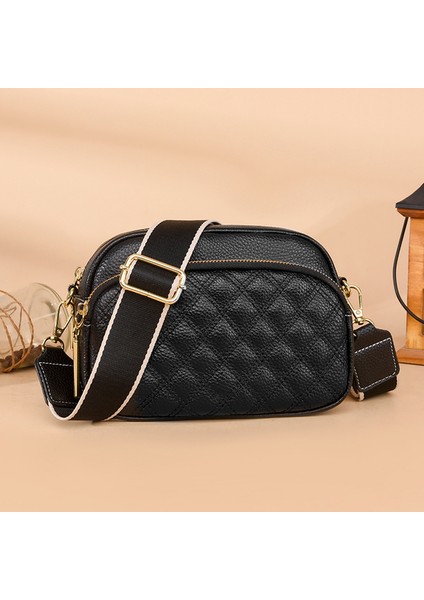 Siyah Dana Derisi Crossbody Çanta Çok Katmanlı Cep Omuz Crossbody Çanta Fermuar Geniş Kayış Eşkenar Dörtgen Desen Katı Kadın Satchel (Yurt Dışından)