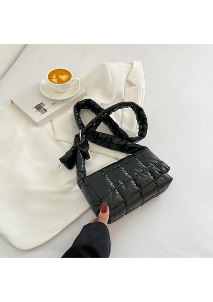 Siyah Moda Pileli Kapitone Pamuk Yastıklı Izgara Çanta Kadın Büyük Kapasiteli Omuz Askılı Çanta Tasarım Satchel Alışveriş Çantası Çanta (Yurt Dışından)