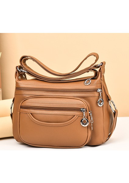 Kahverengi Basit Crossbody Çanta Çok Katmanlı Cep Yumuşak Deri Crossbody Tek Kollu Çanta Klasik Tasarımcı Katı Fermuar Bayanlar Seyahat Çantası (Yurt Dışından)
