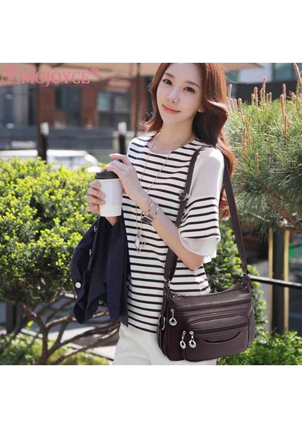Kahverengi Basit Crossbody Çanta Çok Katmanlı Cep Yumuşak Deri Crossbody Tek Kollu Çanta Klasik Tasarımcı Katı Fermuar Bayanlar Seyahat Çantası (Yurt Dışından)