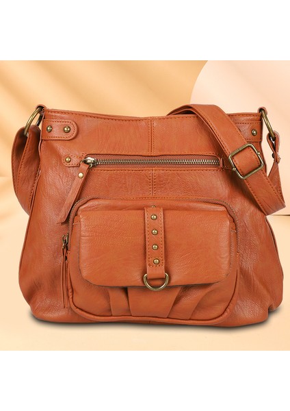 Kahverengi Vintage Askılı Çanta Kadın Yumuşak Deri Omuz Crossbody Çanta Çok Cep Çok Fonksiyonlu Düz Renk Retro Bayanlar Kızlar Çanta (Yurt Dışından)