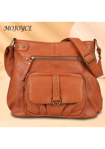 Kahverengi Vintage Askılı Çanta Kadın Yumuşak Deri Omuz Crossbody Çanta Çok Cep Çok Fonksiyonlu Düz Renk Retro Bayanlar Kızlar Çanta (Yurt Dışından)