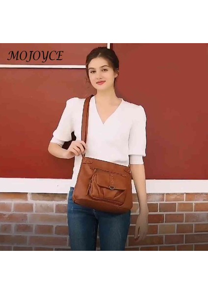 Kahverengi Vintage Askılı Çanta Kadın Yumuşak Deri Omuz Crossbody Çanta Çok Cep Çok Fonksiyonlu Düz Renk Retro Bayanlar Kızlar Çanta (Yurt Dışından)