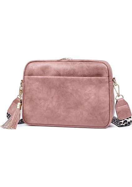 Pembe Kadın Moda Crossbody Çanta Düz Renk Messenger Kılıfı Geniş Kayış Püsküller Zip Küçük Kare Bayanlar Kız Için Pu Deri (Yurt Dışından)