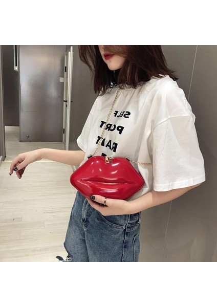 Kırmızı Düz Renk Dudaklar Kadın Pvc Crossbody Çanta Ince Zincir Postacı Çantası Fermuar Omuz Akşam Parti Debriyaj Mini Telefon Çanta (Yurt Dışından)