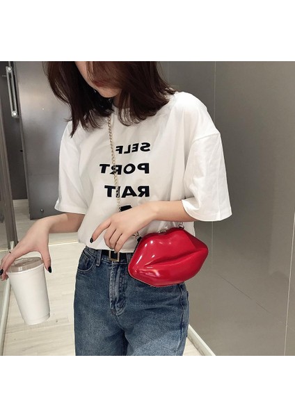Kırmızı Düz Renk Dudaklar Kadın Pvc Crossbody Çanta Ince Zincir Postacı Çantası Fermuar Omuz Akşam Parti Debriyaj Mini Telefon Çanta (Yurt Dışından)