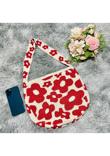 Kırmızı Moda Çiçek Omuz Çantası Kişiselleştirilmiş Eğlence Dokuma Çanta Çiçek Basit Kadınlar Için Crossbody Çanta Büyük Kapasiteli Tote (Yurt Dışından)