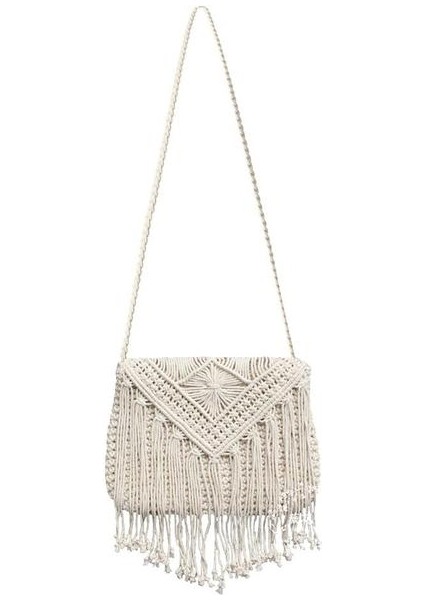 Fildişi Hasır Dokuma Çanta Popüler Yaz Pamuk Halat Içi Boş Püskül Tote Kadın Örgü Net Çanta Vintage Çanta Moda Mesaj Tote Bolsas (Yurt Dışından)