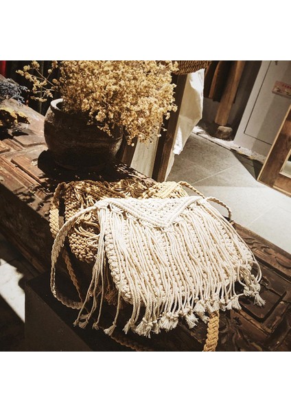 Fildişi Hasır Dokuma Çanta Popüler Yaz Pamuk Halat Içi Boş Püskül Tote Kadın Örgü Net Çanta Vintage Çanta Moda Mesaj Tote Bolsas (Yurt Dışından) fiyatları