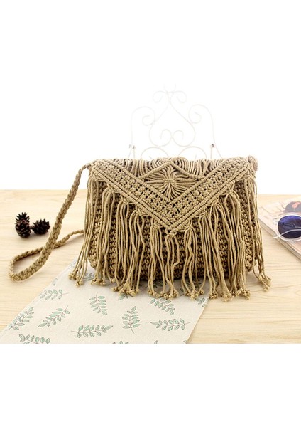 Fildişi Hasır Dokuma Çanta Popüler Yaz Pamuk Halat Içi Boş Püskül Tote Kadın Örgü Net Çanta Vintage Çanta Moda Mesaj Tote Bolsas (Yurt Dışından) modelleri