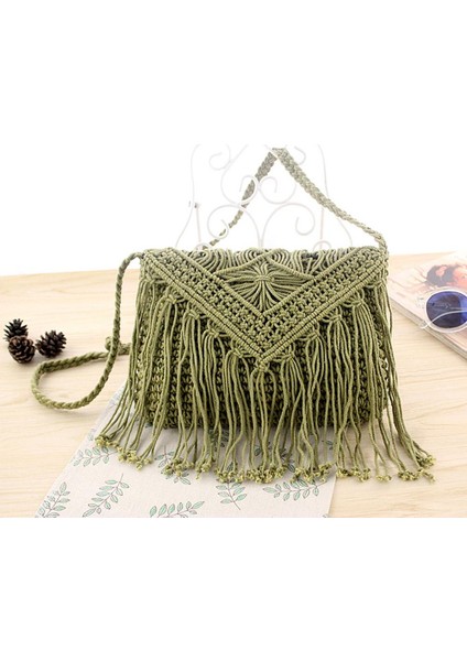 Fildişi Hasır Dokuma Çanta Popüler Yaz Pamuk Halat Içi Boş Püskül Tote Kadın Örgü Net Çanta Vintage Çanta Moda Mesaj Tote Bolsas (Yurt Dışından) indirimleri