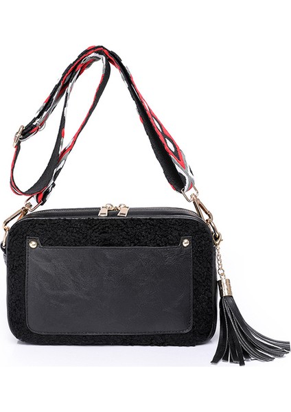 Siyah Vintage Omuz Çantaları Kadınlar Için Düz Renk Pu Deri Ekleme Geniş Kayış Crossbody Çanta Kadın Telefon Çanta Messenger Çanta (Yurt Dışından)