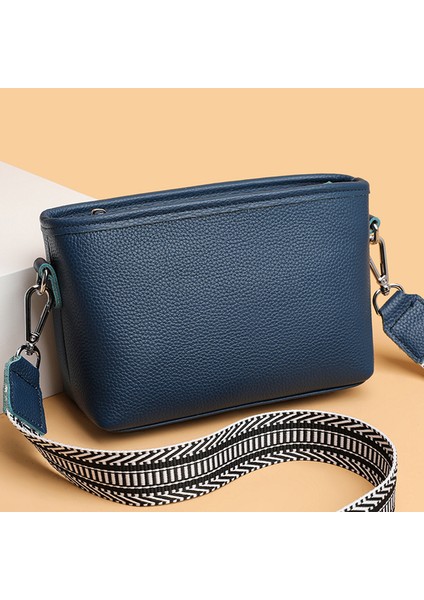 Göl Mavisi Ilk Katman Sığır Derisi Kadın Messenger Çanta Geniş Kumaş Kayış Bayan Tote Çanta Yumuşak Düz Renk Rahat Taşınabilir Hafta Sonu Tatili Için (Yurt Dışından)