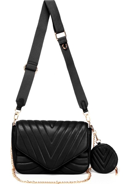 Siyah Kadın Crossbody Çanta Deri Pu Postacı Çantası Zincirler Eşkenar Dörtgen Desen Küçük Para Çantası ile Seyahat Için Bayan Günlük Çanta (Yurt Dışından)