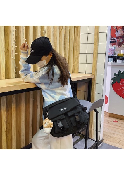 Siyah Rahat Bayanlar Crossbody Çanta Düz Renk Crossbody Messenger Çanta Çok Cepler Seyahat Naylon Crossbody Çanta Kolye Dekor (Yurt Dışından) fırsatları