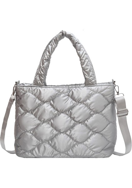 Gümüş Moda Kadın Omuz Çantaları Kış Düz Renk Naylon Pamuk-Yastıklı Çanta Rahat Kadın Büyük Fermuar Kapitone Crossbody Çanta Tote (Yurt Dışından)