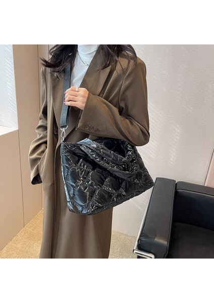 Gümüş Moda Kadın Omuz Çantaları Kış Düz Renk Naylon Pamuk-Yastıklı Çanta Rahat Kadın Büyük Fermuar Kapitone Crossbody Çanta Tote (Yurt Dışından) indirimleri